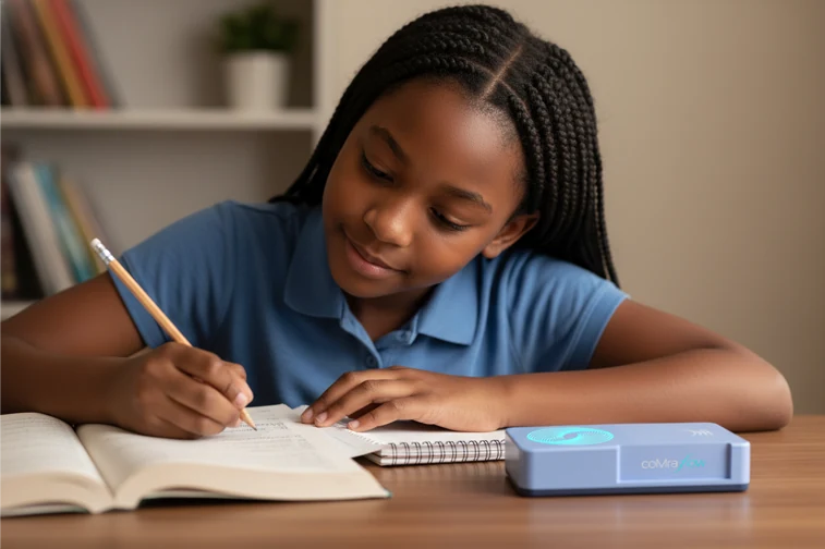 A student doing homework with coMra Flow on the desk