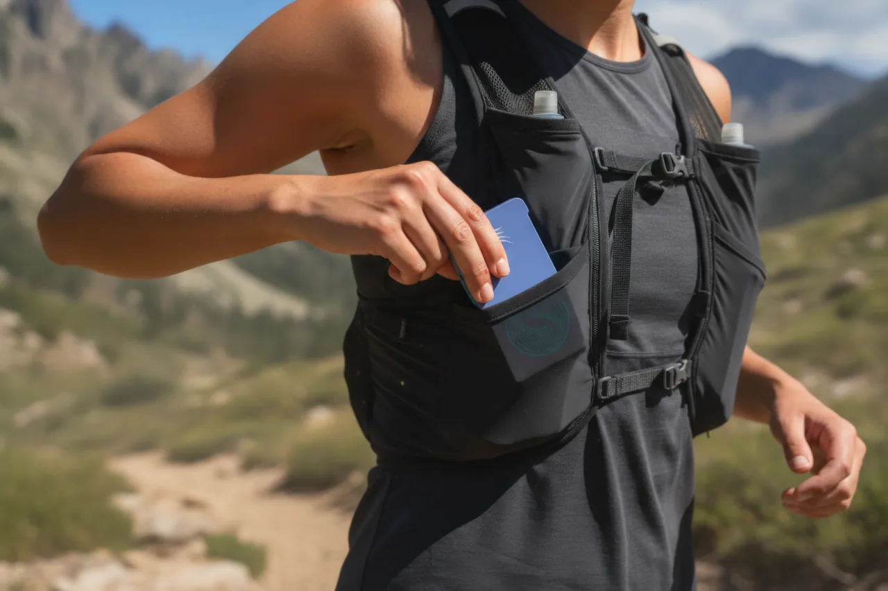 A trail athlete slipping coMra Flow into a running vest